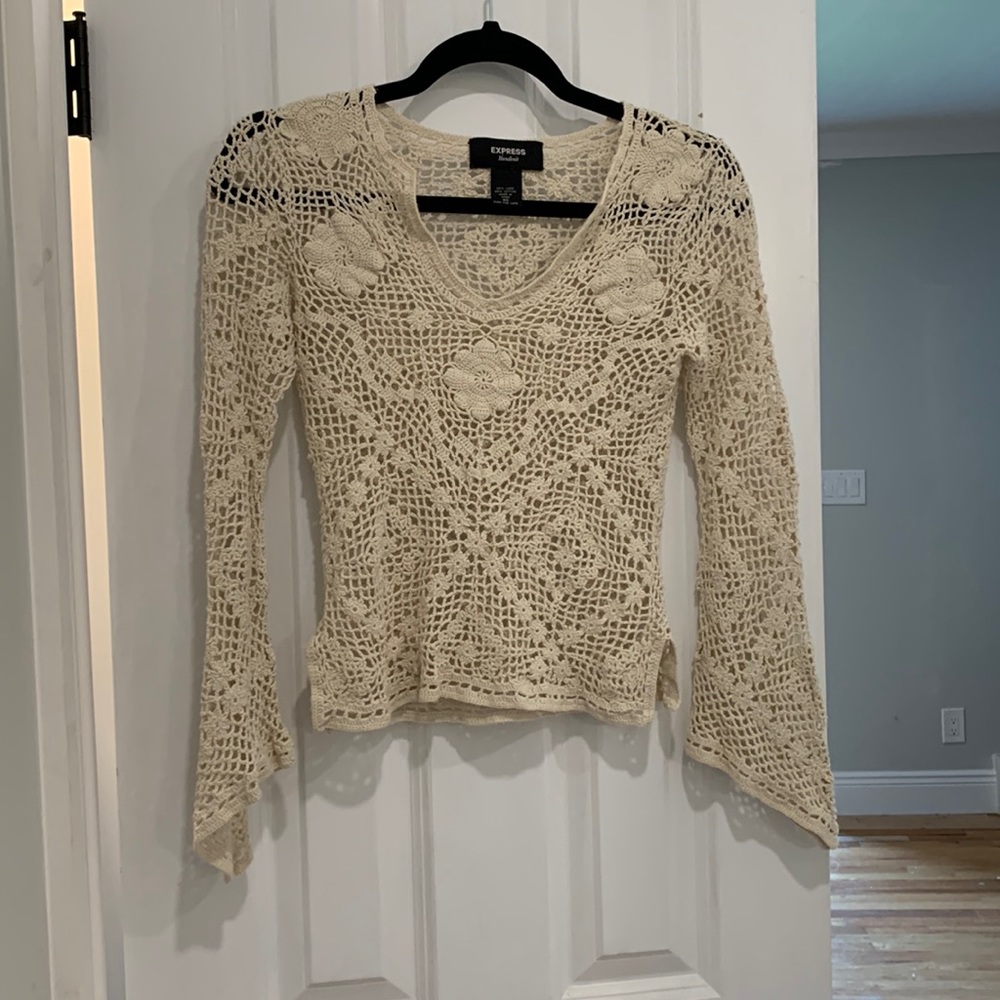 Vintage Express hand knit crochet bell sleeve top